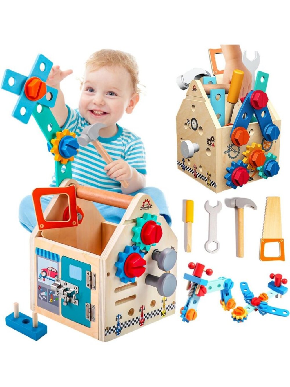 Montessori Wooden Tool Set for Kids | 33-Pc Educational Pretend Play Toys, STEM